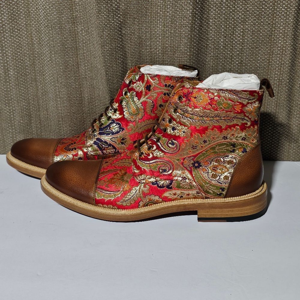 TAFT Jack Boot Red Paisley Jacquard Leather Boots EU 40 US 7 NEW Spain